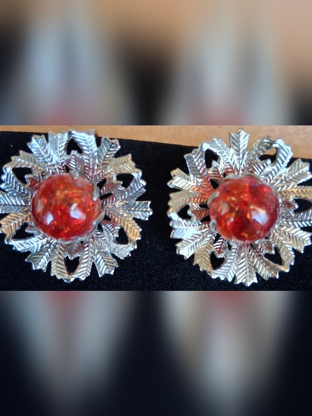 Vintage Silver Tone Starburst/Snowflake Clip-On Red Center Gem Earrings